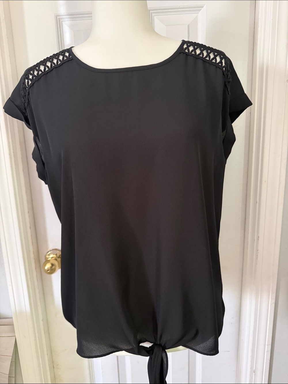 Women’s Black Short Sleeve Blouse with Shoulder Lattice and Front Tie